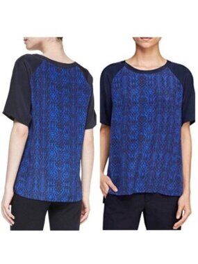 Vince 100% Silk Printed Contrast Sleeve Tee - XS